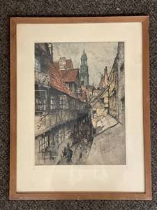 lot 44C image: Framed Signed Luigi Kasimir Cityscape Art Print, Rustic Street Scene