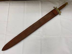 lot 44K image: Brass Wood & Steel Broadsword with Leather Scabbard
