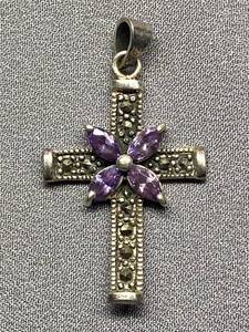 lot 46B image: Sterling Silver 925 Cross Pendant with Amethyst Stones