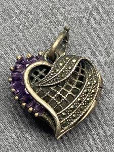 lot 48B image: Vintage Sterling Silver 925 Heart-Shaped Pendant Locket with Amethyst