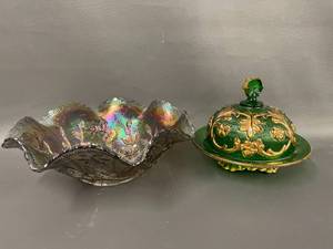 lot 56C image: Vintage Carnival Glass Bowl and EAPG Green Butter Dish Set