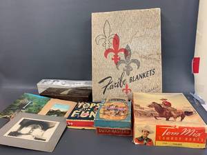 lot 60V image: Empty Advertising Boxes  Photos - Faribo Blankets Empty Box, Tom Mix Box, Games