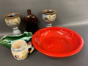lot 61V image: Vintage Ceramic Collection with Red Bowl & Goblets