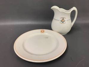 lot 63V image: Vintage Westwood Masonic Pitcher and Saint Paul Hotel Plate Set