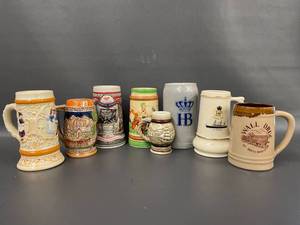 lot 72V image: Vintage Ceramic Beer Steins 8-Piece Collection