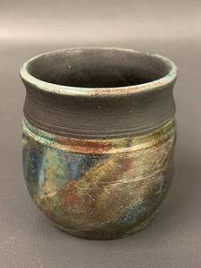 lot 73C image: Raku Bauman Pottery Cup with Multicolor Glaze Finish