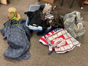 lot 73V image: Mixed Clothing Apparel Lot & Duffel Bag with Sports Gear