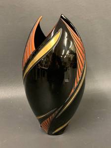 lot 76C image: Elegant Geometric Black Ceramic Vase with Orange and Gold Accents, Twisted Design