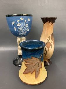 lot 83C image: Artisan Crafted Ceramic Vase and Goblet Set - Leaf Floral Abstract