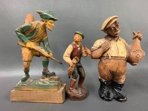 lot 86C image: Vintage Carved Wood Figures Set Hunter, Fisherman, Villager Decor