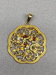 lot 92B image: 925 Sterling Silver Gold Tone Gemstone Floral Pendant Vintage Style