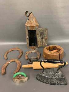 lot 101C image: Vintage Rustic Lantern, Flat Iron, Horseshoes & More