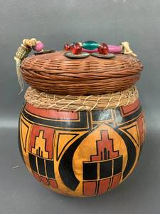 lot 104C image: Chinese Sewing Basket and Handcrafted Decorative Gourd With Beaded Woven Lid