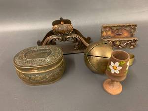 lot 105C image: Vintage Decorative Collectibles - Swedish Bronze Bell, Pozzonis Tin, etc.