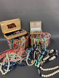 lot 110C image: Vintage Beaded Necklace Lot with Decorative Storage Boxes
