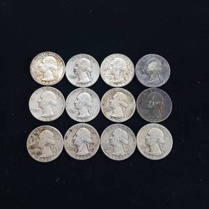lot 22 image: Pre-1964 USA 90% silver quarters - 12 coins total - 3 dollars face value