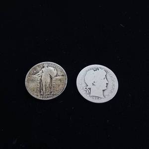 lot 24 image: 2 quarters over 100 years old. USA - a Barber and a Standing Liberty