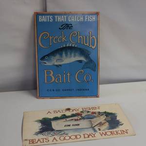lot 66 image: Metal and Cardboard Repro Fishing Signs