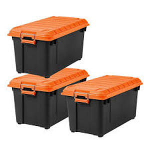 lot 5 image: IRIS 82 Qt.21 Gal. Heavy-duty Stackable Storage Tote in Black with Orange Lid - Set of 3  Customer Returns See Pictures