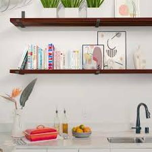 lot 8 image: Lot of HARDWOOD REFLECTIONS Solid Wood Butcher Block Shelf 24 in. W X 12 in. D X 1.5 in. H in Walnut Stain Hevea UV Finish  Customer Returns See Pictures