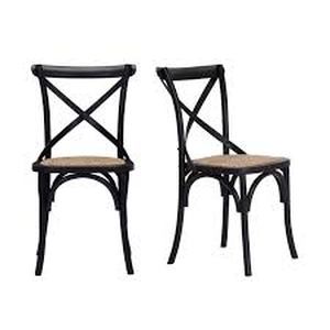 lot 21 image: Home Decorators Collection Mavery Black Wood Dining Chair with Cross Back and Woven Seat (Set of 2) (19 in. W x 34.6 in. H)   Customer Returns See Pictures