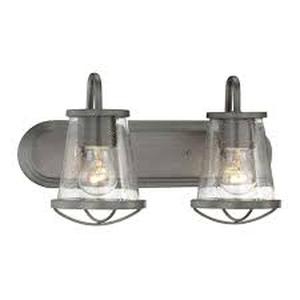 lot 35 image: Lot of Home Decorators Collection Georgina 18 in. 2-Light Weathered Iron Industrial Rustic Vanity with Clear Seeded Glass Shades and Cage Accents Customer Returns See Pictures