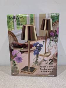 lot 62 image: NEW MIKISA HOME ACCENTS SET OF 2 TOUCH CONTROL RECHARGEABLE LED LAMPS