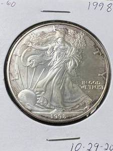 lot 54 image: 1998 AMERICAN SILVER EAGLE 1 TROY OZ .999 FINE SILVER