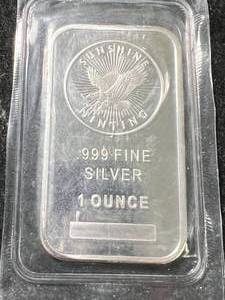 lot 62 image: 1 TROY OZ .999 FINE SILVER SUNSHINE MINTING BAR