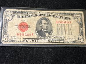 lot 99 image: 1928 US RED SEAL $5 BILL