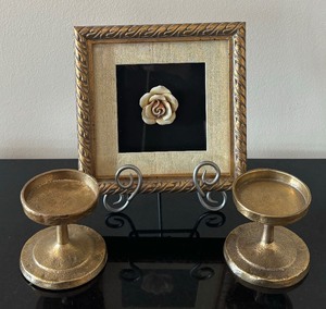 lot 105 image: Shadowbox Style Floral Decor with Golden Colored Candle Holders