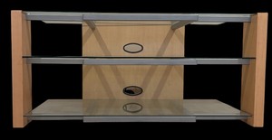 lot 96 image: Vintage Console Media  TV Stand with Three Glass Shelves