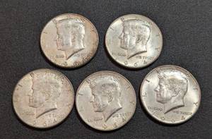 lot 194 image: Five 1964 Kennedy Silver Half Dollars