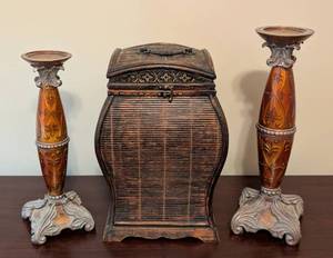 lot 235 image: Pair of Ornate Candleholders and Decorative Woven Box