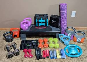 lot 258 image: Large Variety of Hand Weights and Exercise Equipment