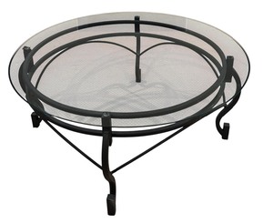 lot 56 image: Black Wrought Iron Glass Top Round Coffee Table