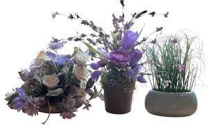 lot 55 image: Three Beautiful Faux Flower Pots in Purples and Cream by Heager and More