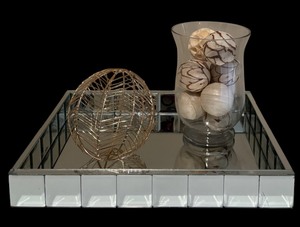 lot 54 image: Stylish Home Decor Items including a Decorative Mirrored Tray, Glass Vase with Fillers and Abstract Metal Ball