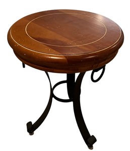 lot 51 image: Beautiful Vintage Circular Wooden Accent Table with Wrought Iron Base
