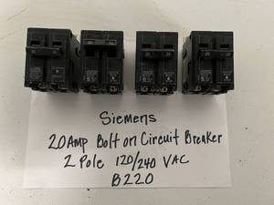 lot 82 image: Siemens 20AMP Bolt On Circuit Breakers 2 Pole 120240 VAC B220