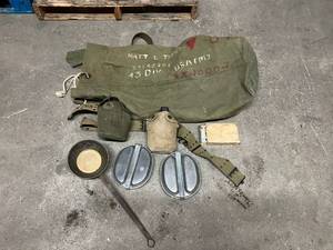 lot 124 image: US Army Bag, Canteens, Meal kit, Laddle & BoyScout First Aid Kit