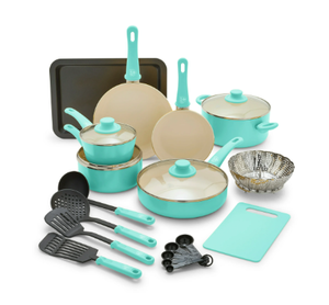 lot 410 image: GreenLife 15-Piece Soft Grip Toxin-Free Healthy Ceramic Non-Stick Cookware Set, Turquoise, Dishwasher Safe