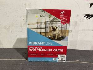 lot 130 image: Vibrant Life Single-Door Folding Dog Crate with Divider, 24