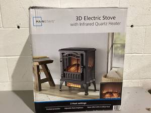 lot 521 image: Mainstays New 2-Setting 3D Electric Stove Heater with Life-like Flame, Black