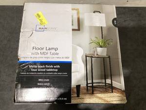 lot 620 image: Mainstays 54-inch Mid-Century Style Floor Lamp, with Faux Wood Finished Table