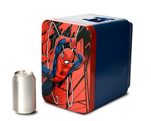 lot 246 image: Marvel Spiderman Blue Red 6 Can Mini Fridge Thermoelectric Cooler 4 Litre