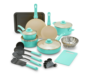 lot 431 image: GreenLife 15-Piece Soft Grip Toxin-Free Healthy Ceramic Non-Stick Cookware Set, Turquoise, Dishwasher Safe