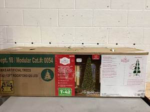 lot 553 image: 12ft Pre-Lit Rockford Sure-Lit Pole Slim Pine Christmas Tree, 800 LED, Green, by Holiday Time