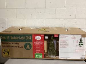 lot 563 image: 12ft Pre-Lit Rockford Sure-Lit Pole Slim Pine Christmas Tree, 800 LED, Green, by Holiday Time