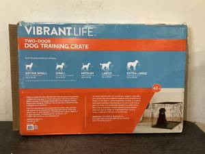 lot 635 image: Vibrant Life Double Door Metal Wire 42 Dog Crate, Leak-Proof Pan & Divider for Dogs Up to 90 lbs